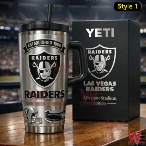 Las Vegas Raiders anniversary insulated tumbler with matching box displayed in a stadium setting!