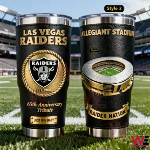 Las Vegas Raiders 65th Anniversary Allegiant Stadium Tumbler 3 Two Las Vegas Raiders insulated tumblers with Allegiant Stadium and team emblem designs on the field!