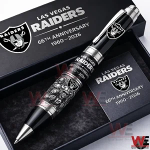 Las Vegas Raiders sixty sixth anniversary ballpoint pen in a presentation box featuring black and silver colors Raiders logo anniversary text and detailed football player artwork.