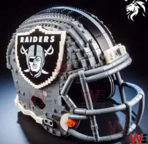 Las Vegas Raiders NFL Helmet Building Blocks Set 3 A gray Las Vegas Raiders football helmet built from building blocks is shown in close detail highlighting the logo face mask and textured surface!