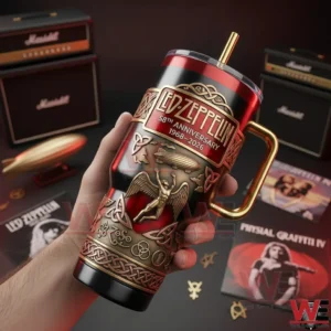 Hand holding a red black and gold Led Zeppelin anniversary metal tumbler with embossed artwork and music memorabilia behind it!