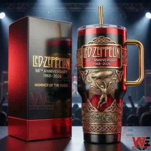 Red black and gold Led Zeppelin anniversary tumbler with matching box displayed under stage lights in a concert setting!