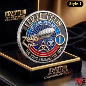 Led Zeppelin anniversary commemorative coin on a black display base with detailed symbols metallic finish and luxury presentation!