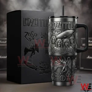 Led Zeppelin themed tumbler with band portraits angel artwork handle lid and straw displayed next to a matching collector box!