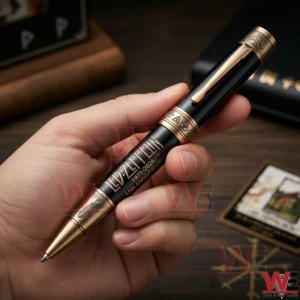 Hand holding a rock band themed metal pen with elegant details in a warm classic environment!