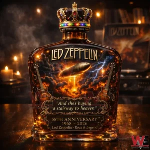 Rock themed whiskey bottle with lightning clouds guitar artwork and an ornate crown stopper displayed on a wooden table!