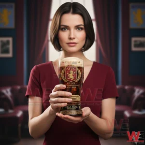A woman presents an Aston Villa themed beer glass with ornate club design inside an elegant room inspired by football heritage!