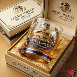 Leeds United anniversary whisky glass featuring gold accents club emblem and stadium illustration displayed in a premium gift box!