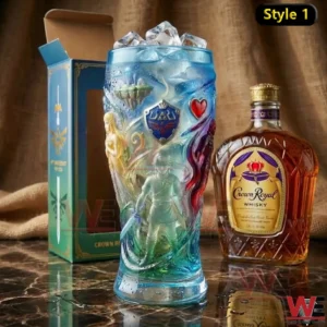 Legend of Zelda Anniversary 1986-2026 Limited Edition Glass 6 Zelda themed collector glass displayed on a table with a whisky bottle!
