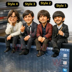 Four stylized big headed figures wearing suits sitting on a computer monitor edge with style labels above them!