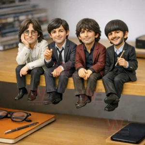Four big headed miniature figures in suits sitting on a wooden ledge above a desk with notebook glasses and phone!