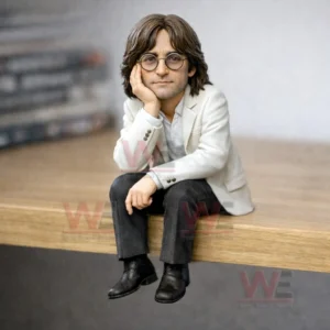 Stylized big headed figure with round glasses wearing a light blazer sitting on a wooden shelf with a blurred background!