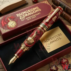 A luxury Dungeons and Dragons anniversary fountain pen presented in a collector box with intricate dragon design and fantasy themed detailing!