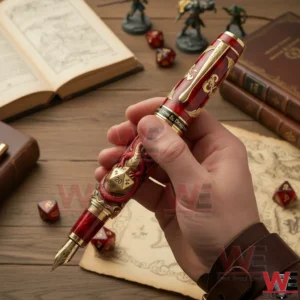 A close view of a hand holding a Dungeons and Dragons anniversary fountain pen with detailed dragon motif and fantasy inspired design!