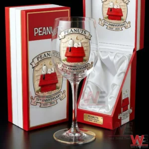 Peanuts seventy fifth anniversary wine glass with Snoopy design and matching gift box!
