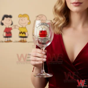 Limited Edition Peanuts 75th Anniversary Commemorative Goblet 3 Woman holding Peanuts seventy fifth anniversary wine glass with Snoopy artwork!
