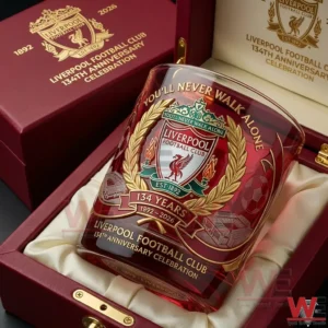 Liverpool Football Club commemorative glass placed in a luxury gift box with deep red color gold accents and historic club artwork!