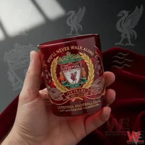 Liverpool FC 134th Anniversary 1892-2026 Whisky Glass 3 Hand holding a Liverpool Football Club commemorative glass with detailed crest design rich red tones and a classic club background!