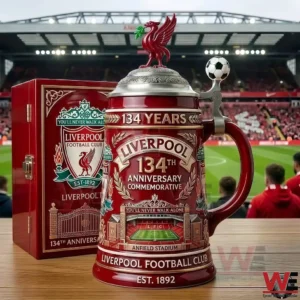 Liverpool anniversary beer stein displayed at a football stadium!