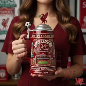 Liverpool FC 134th Anniversary Commemorative Collector Beer Stein 3 Person holding a Liverpool anniversary beer stein!