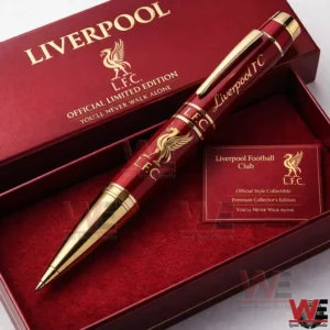 Deep red and gold Liverpool FC limited edition pen inside an open gift box with club crest and official collector branding details!
