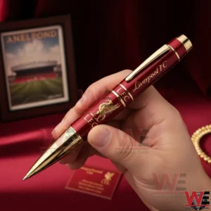 Liverpool FC Official Limited Edition Pen 3 Hand holding a Liverpool FC red and gold collectible pen with framed stadium decor and club themed display items in the background!