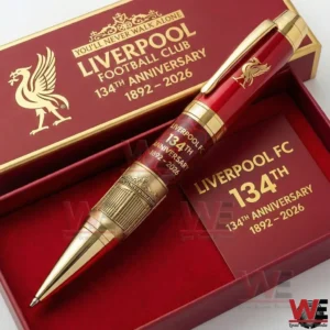 Liverpool Football Club anniversary collectible pen displayed in a red presentation box with gold detailing and commemorative design!