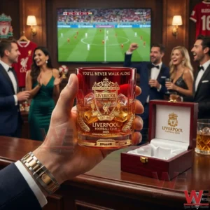 Hand holding a Liverpool Football Club 2026 commemorative whiskey glass with gold crest design in a luxury lounge with fans celebrating a football match!