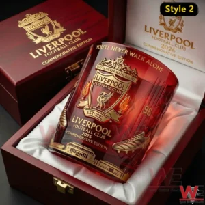 Liverpool Football Club 2026 Commemorative Whiskey Glass 7 Red Liverpool Football Club 2026 commemorative whiskey glass displayed inside a luxury red presentation box with gold details!
