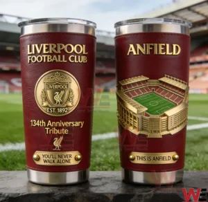 Two Liverpool insulated tumblers with red textured exterior gold lettering club crest anniversary tribute and a three dimensional Anfield stadium design displayed on the football field!