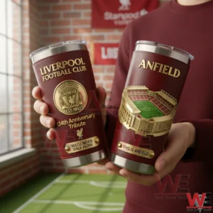 Liverpool Football Club Anfield You will never Walk Alone Tumbler 3 Hands holding Liverpool insulated tumblers with red textured surface gold crest anniversary tribute and detailed Anfield stadium design representing You Will Never Walk Alone spirit!