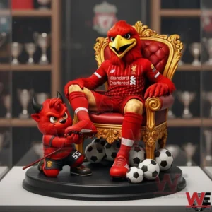 Collectible football themed resin figure with a red bird mascot on a golden throne small devil character and multiple soccer balls displayed in a trophy room setting!