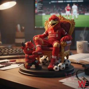 Liverpool On The Throne MU Watching From Below 3D Resin Figure 5 Red bird football mascot figure on a golden throne displayed on a desk with football match screen stationery items and soccer balls!