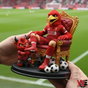 Liverpool On The Throne MU Watching From Below 3D Resin Figure 6 Hand held Liverpool inspired red bird mascot figure on a golden throne with soccer balls shown inside a football stadium!