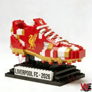 A brick constructed Liverpool FC soccer boot model is presented on a display base against a clean white background!