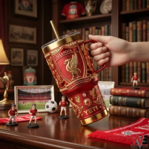 Liverpool You'll Never Walk Alone Yeti 40oz Tumbler 4 Hand holding a red and gold Liverpool Football Club insulated tumbler with handle and straw in a football themed room!