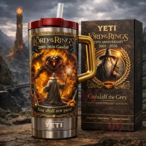 Handled insulated tumbler with straw featuring Lord of the Rings Gandalf anniversary artwork showing Gandalf facing a fiery monster with ornate borders text and a matching gift box in a dark fantasy landscape background!