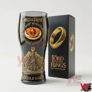 Middle Earth anniversary beer glass and presentation box shown on a white background with clear focus on design details!