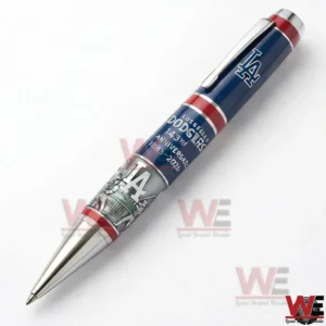 Los Angeles Dodgers commemorative pen on a white background featuring blue body red accents LA logo anniversary text and 1883 2026 years with a detailed illustration near the tip!