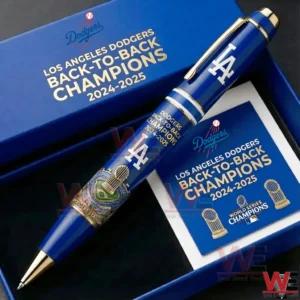 Blue Los Angeles Dodgers commemorative pen in a gift box with a matching back to back champions card and gold lettering.