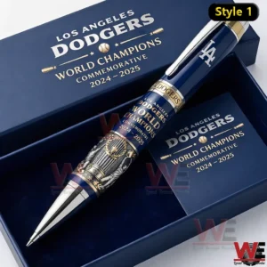Los Angeles Dodgers world champions pen in a navy gift box with gold commemorative text and a trophy engraved detail.