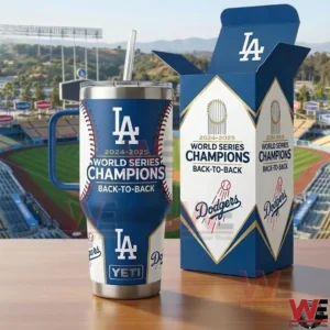 Los Angeles Dodgers World Series Champions back to back 2024 2025 tumbler with handle and matching box on a table at a stadium!