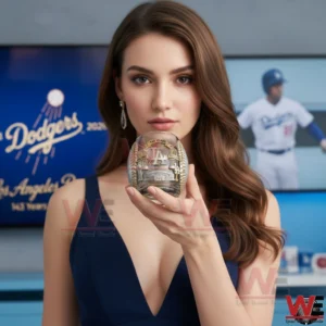 A woman in a blue outfit holding a Los Angeles Dodgers anniversary whiskey glass with elegant gold detailing and a baseball themed background!