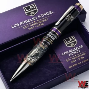 Premium Los Angeles Kings anniversary pen set in black purple and silver inside a branded gift box with logo and 50th Anniversary 1967 2026 text!