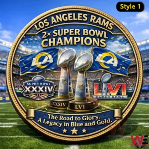 A Los Angeles Rams Super Bowl champions commemorative coin with trophy designs team branding and a football stadium background!