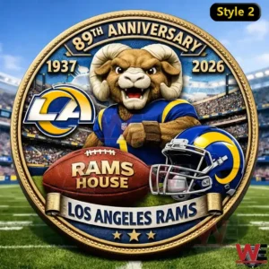 Los Angeles Rams 89th Anniversary 2x Super Bowl Champs Coin 3 A Los Angeles Rams anniversary commemorative coin showing the ram mascot team helmet football and stadium background celebrating team legacy!