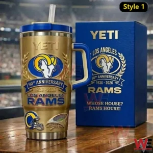 Los Angeles Rams anniversary insulated tumbler with matching box displayed in a stadium setting!