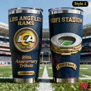 Two Los Angeles Rams insulated tumblers with SoFi Stadium and team emblem designs on the field!