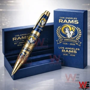 Los Angeles Rams 90th anniversary pen in a blue presentation box with gold team logo and 1936 2026 anniversary text on the packaging!