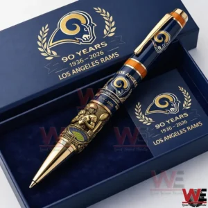 Los Angeles Rams ninety years anniversary pen in a navy gift box with gold Rams logo and text 90 Years 1936 2026 Los Angeles Rams!
